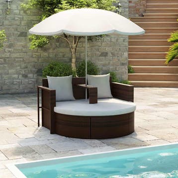 vidaXL Tuinbed met parasol poly rattan bruin, Verzenden