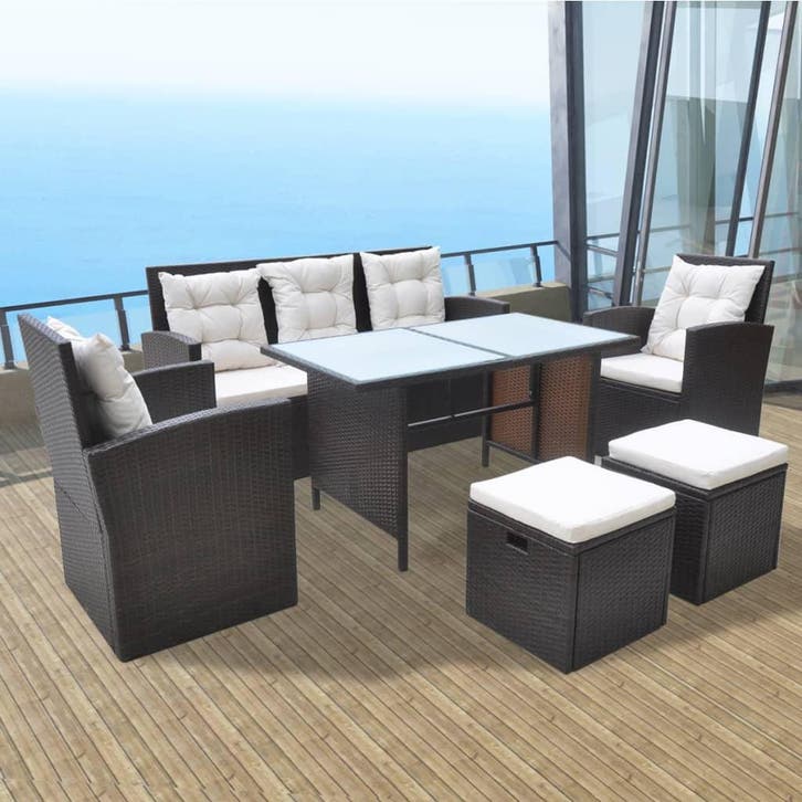 vidaXL 6-delige Tuinset met kussens poly rattan bruin, Tuin en Terras, Tuinsets en Loungesets, Tuinset, Nieuw, Verzenden