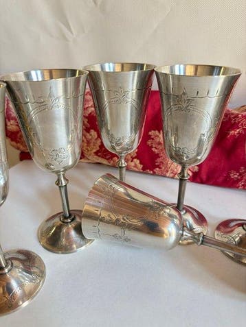 Champagneglas (6) - EPNS Set van 6 zilvergeplateerde kelken, Antiek en Kunst