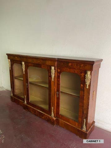 A pair of marquettry Napoleon III style display cabinets -