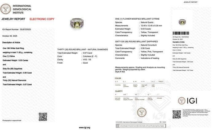 Ring - 18 karaat Witgoud - 6.60ct. tw. Citrien - Saffier -, Handtassen en Accessoires, Ringen