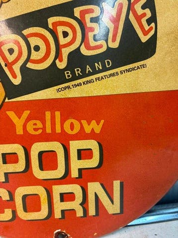 Emaille reclamebord - Popeye Yellow Popcorn – Rond Emaille, Antiek en Kunst