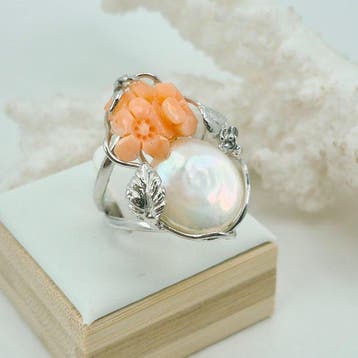 Koraal - Zilver - Ring - Roze koraal, Antiek en Kunst