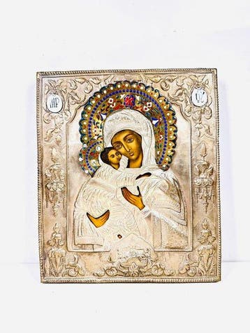 Icoon - Moeder Gods - Koper, Hout, Verzilverd, Emaille -