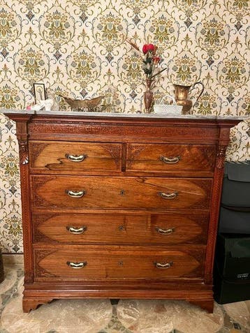 Hoog dressoir - Eik, Marmer, Messing