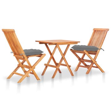 vidaXL 3-delige Bistroset met grijze kussens massief, Tuin en Terras, Tuinsets en Loungesets, Verzenden, Nieuw