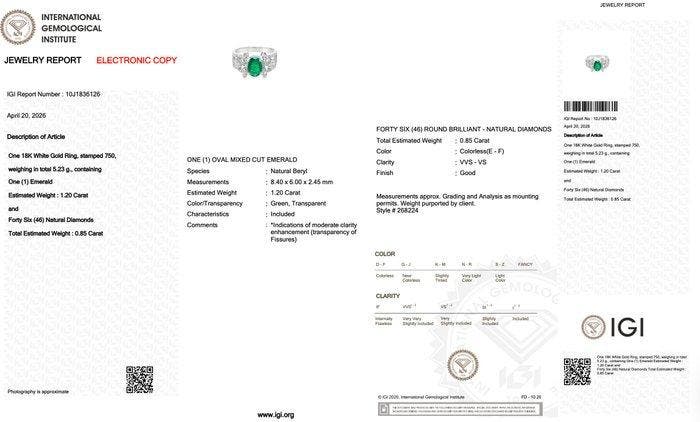 Ring - 18 karaat Witgoud - 2.05ct. tw. Smaragd - Diamant -, Bijoux, Sacs & Beauté, Bagues