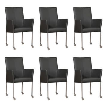 Set van 6 Leren eetkamerstoelen Comfort met wieltjes en, Ophalen of Verzenden