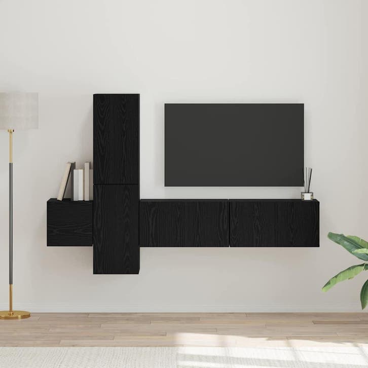 vidaXL Tv-meubelset Wandgemonteerd 5 pcs Zwart Eiken Bewerkt, Huis en Inrichting, Kasten |Televisiemeubels, Nieuw, Verzenden