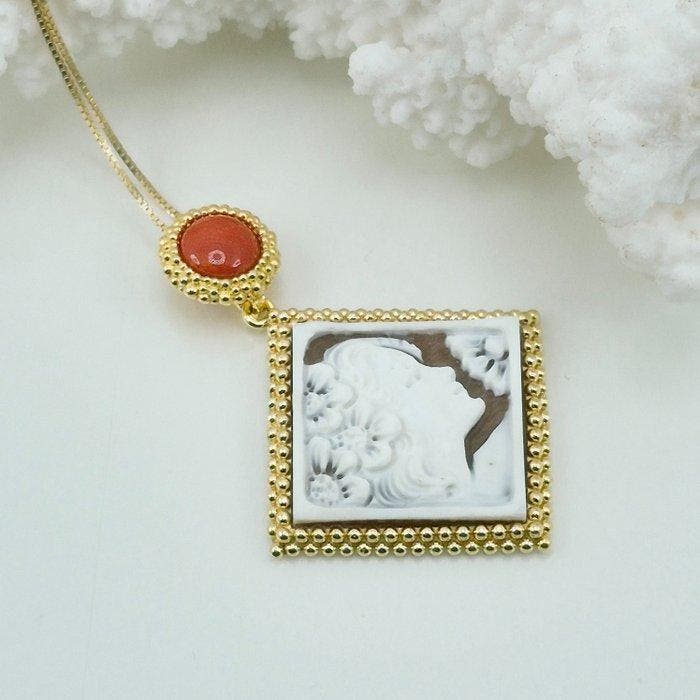 Koraal - Zilver, Verguld - Cameo - Handgesneden camee, Antiek en Kunst, Curiosa en Brocante