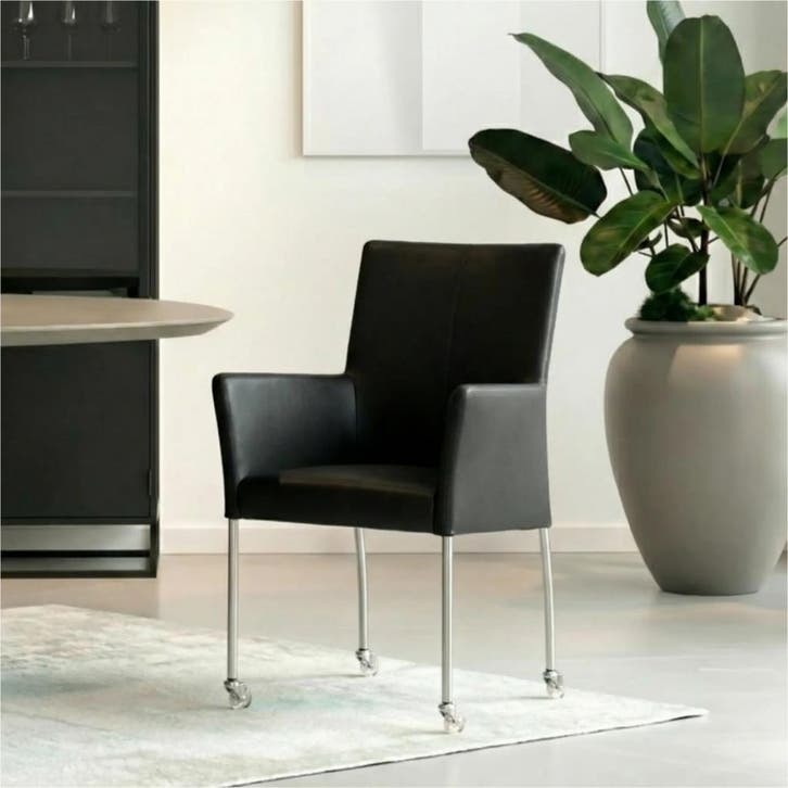 Leren eetkamerstoel Comfort met wieltjes en armleuning -, Huis en Inrichting, Stoelen, Zwart, Nieuw, Leer, Ophalen of Verzenden