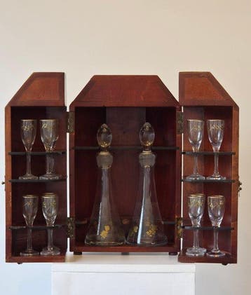 Drankkast - Hout, Glas - Zeldzame likeurkelder, Antiek en Kunst