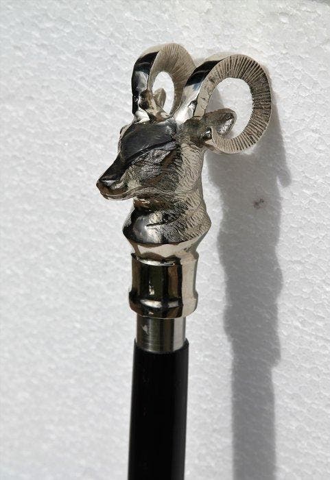 Canne de marche - steenbok - métal, argent, bois, Antiquités & Art, Art | Objets design