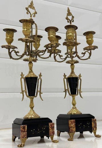 Kandelaber - Verguld messing, Verguld brons, Carrara marmer, Antiek en Kunst