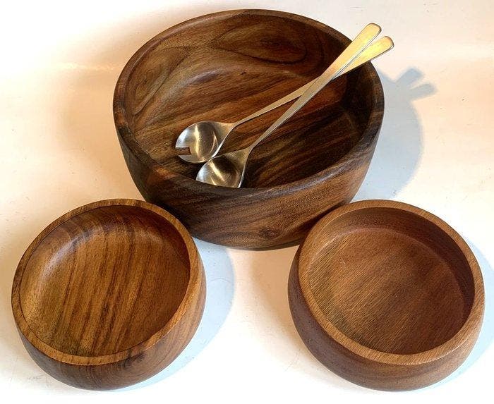 Plateau - Bois et métal - Trois bols et couverts, Antiek en Kunst, Kunst | Designobjecten