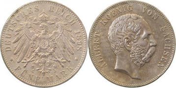 1898e Kaiserreich 5 Mark Albert Sachsen 1898 E sehr schoe..., Verzenden, België