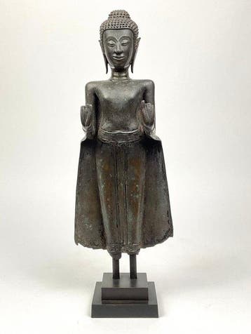 Bronzen staande Boeddha - Thailand - Ayutthaya-periode, 17e, Antiquités & Art