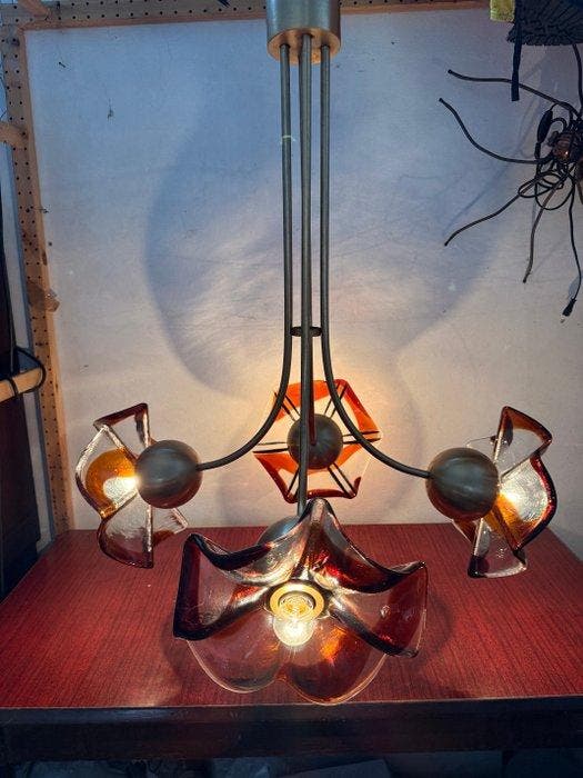 Plafondlamp - Glas, Metaal - 4 bloemvormige lichtpunten, Antiquités & Art, Antiquités | Éclairage