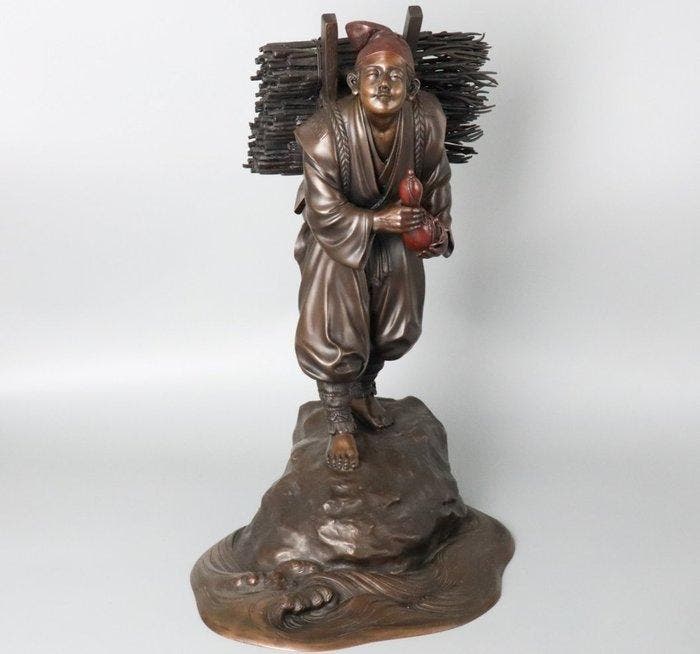 Yoro Woodcutter with Gourd Flask - Suga Shen - Beeld Brons, Antiquités & Art, Antiquités | Autres Antiquités