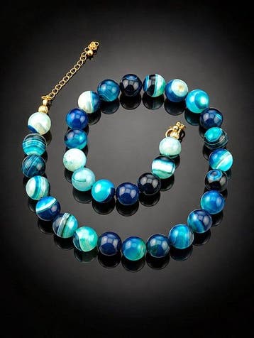 Blauwgroene agaat kralenketting - goudgeplateerd 925, Collections