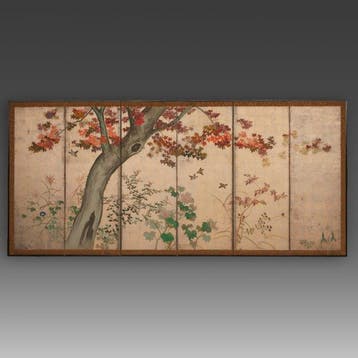 Paravent pliant avec un arbre dautomne - Soie, Papier, Bois, Antiek en Kunst