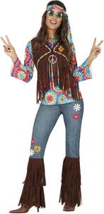 Hippie 60S Kostuum Gekleurd Dames Met Bruin Vest, Verzenden