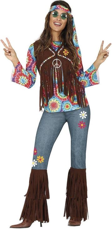 Hippie 60S Kostuum Gekleurd Dames Met Bruin Vest, Verzenden