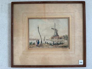 J van der Weele (XIX) - Hollands watergezicht met molen en