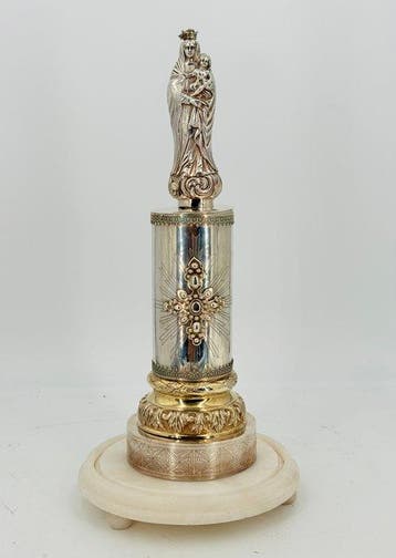 Figuur - Virgen en Pedestal - Zilver, Marmer