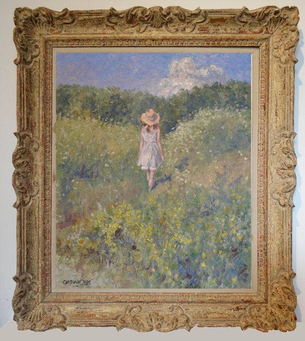 Chris van Dijk (1952) Impressionist -  Fille parmi les, Antiquités & Art, Art | Peinture | Classique