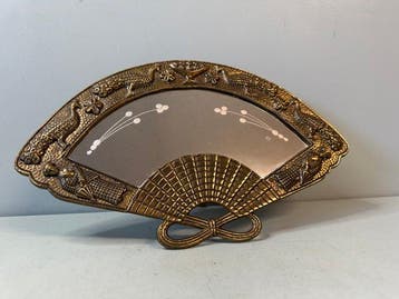 Spiegel- Vintage messing/koperen waaier spiegel met pauwen
