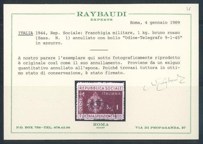 R.S.I. - Militaire vrijstelling, bon voor 1 kg. nr. 1., Timbres & Monnaies, Timbres | Europe | Italie