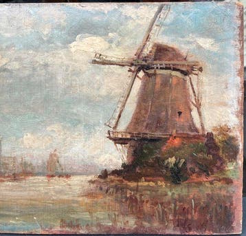 Ernest Prouvost (1861-1930) - Paysage au moulin au bord