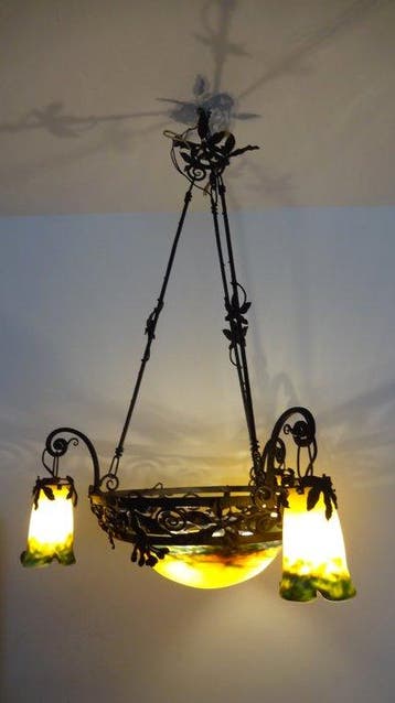 Plafondlamp met lampenkap - smeedijzer, glasmoes -, Antiquités & Art