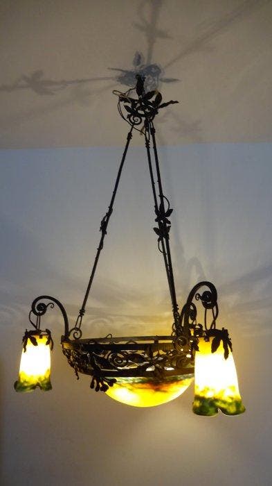 Plafondlamp met lampenkap - smeedijzer, glasmoes -, Antiquités & Art, Art | Objets design