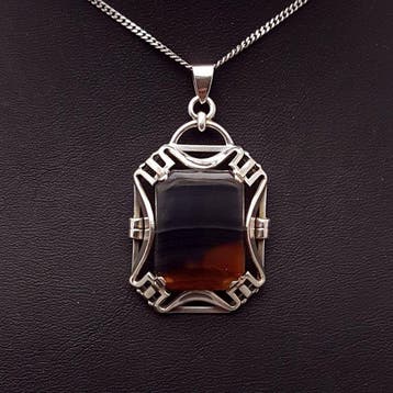 Zilver, Art Deco, Streep Agaat - Ketting met hanger, Antiek en Kunst