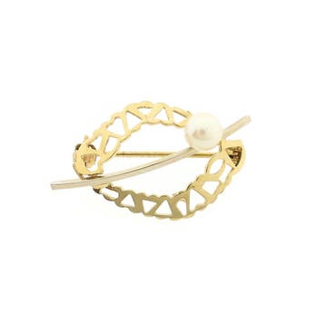 Vintage bicolor gouden broche met parel, Handtassen en Accessoires, Broches, Gebruikt, Ophalen of Verzenden, Met edelsteen, Goud