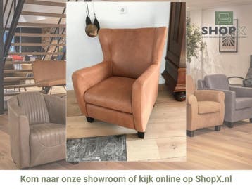 Leren oorfauteuil met houten poten - bruin leer, Huis en Inrichting, Ophalen of Verzenden, Nieuw