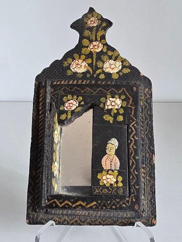 Antyczne Lusterko QAJAR XIX/XXw Rcznie Malowane Drewno -