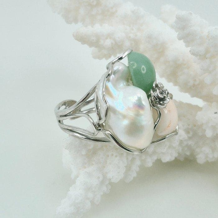 Corail - Argent - Bague - Perle, Corail et Jade, Antiquités & Art, Curiosités & Brocante