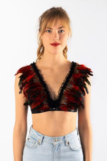 Top met Veren Rood Bruin XS S M Verentop Steampunk Topje Vee, Ophalen of Verzenden, Nieuw