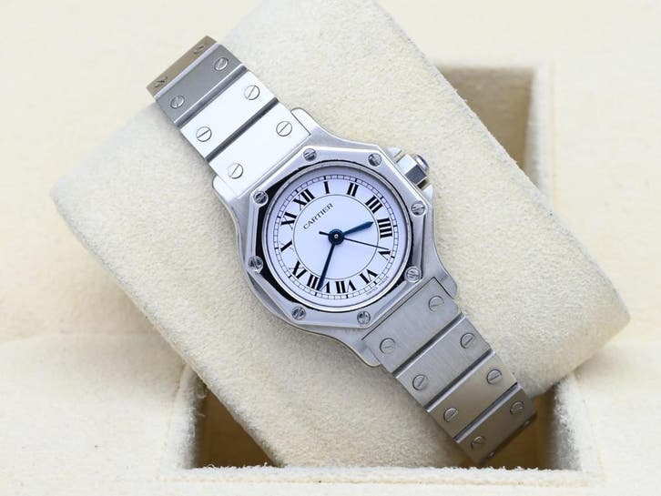Cartier Santos Ref. 0906 Year 1985 (Box & Papers), Handtassen en Accessoires, Horloges | Dames, Staal, Zo goed als nieuw, Goud
