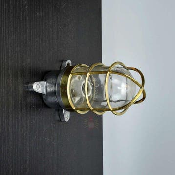 Wandlamp - Messing, Glas, Metaal - Industrieel kooi-lamp