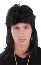 Mullet Pruik Zwart Matje New Kids 80s Rocker Redneck Eighti, Ophalen of Verzenden