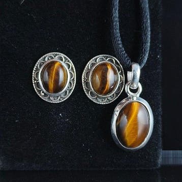 Zilver - 2-delige sieradenset - Tijgeroog MOED