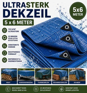Dekzeil 5 x 6 m, 110 g/m² ultrasterk, 22 ringen, versterk.., Doe-het-zelf en Bouw, Zeil en Folie, Ophalen of Verzenden, Nieuw