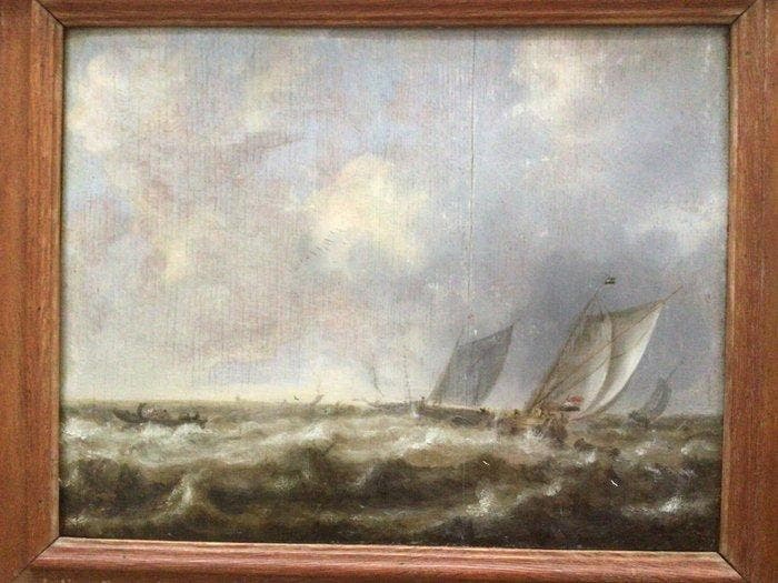 Hollandse school (XVII-XVIII) - Vissersboten op woelige zee, Antiquités & Art, Art | Peinture | Classique
