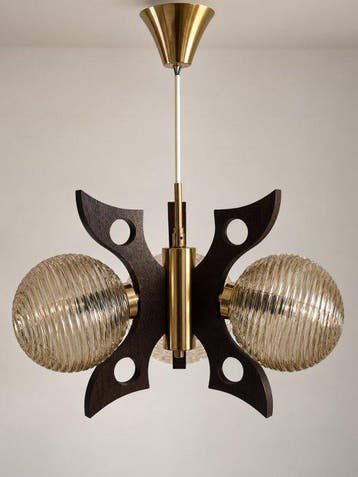 Szarvas - Plafondlamp - Hout, Glas - vintage hanglamp