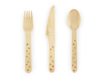 Houten Bestek Goud 16cm 18 delig, Verzenden, Nieuw