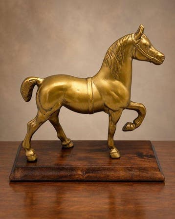 Beeld, Vintage messing paard - 23.5 cm - Messing, Hout